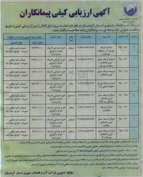 آگهی ارزیابی کیفی پیمانکاران,ارزیابی کیفی اصلاح شبکه توزیع آب منطقه موسک