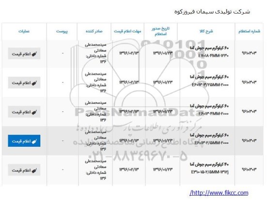 استعلام, استعلام 60 کیلوگرم سیم جوش آما 
