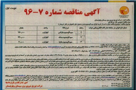 آگهی مناقصه , مناقصه  خرید انواع سیم آلومینیوم نوبت اول 96.02.13