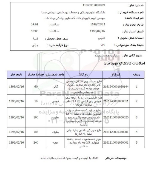 استعلام, استعلام نیاز به مواد شوینده 