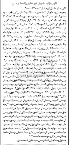 مزایده,مزایده ششدانگ پلاک ثبتی مساحت 186 متر