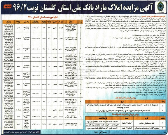 مزایده,مزایده املاک مازاد بانک ملی استان گلستان نوبت دوم