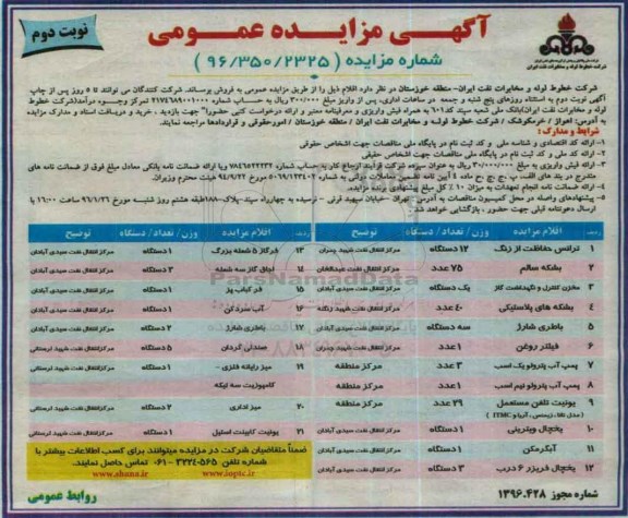 آگهی مزایده عمومی, مزایده فروش ترانس حفاظت از زنگ ... نوبت دوم