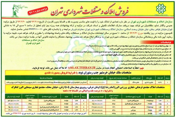 مزایده,مزایده واگذاری تعدادی از املاک بدون کارمزد