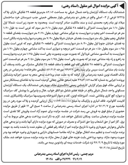 مزایده,مزایده ششدانگ اپارتمان 82.06متر قطعه بیست و نه