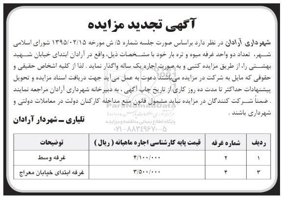 آگهی تجدید مزایده, تجدید مزایده واگذاری به صورت اجاره  تعداد دو واحد غرفه میوه و تره بار 