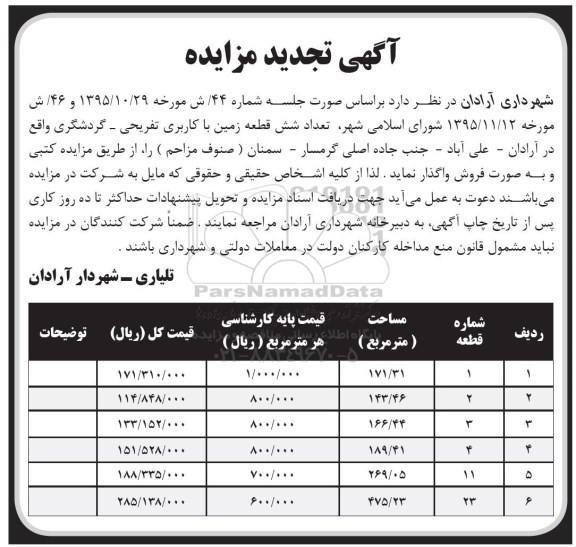 مزایده,مزایده تعداد شش قطعه زمین کاربری تفریحی گردشگری تجدید