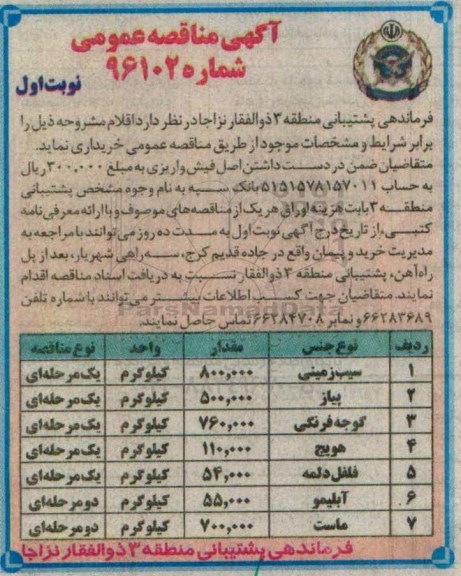مناقصه , مناقصه سیب زمینی و.... نوبت اول 