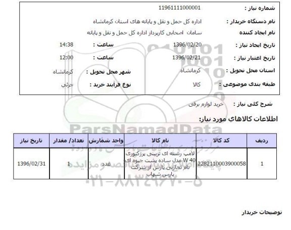 استعلام , استعلام خرید لوازم برقی لامپ  رشته ای تزیینی پرژکتوری W 40