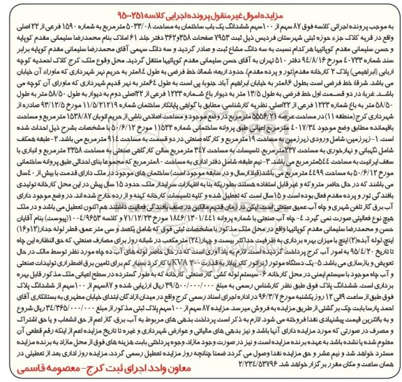 مزایده,مزایده 87 سهم از 100 سهم ساختمان
