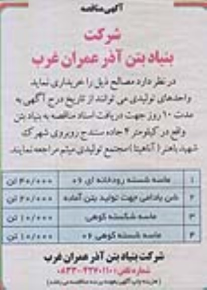 آگهی مناقصه , مناقصه خریداری مصالح