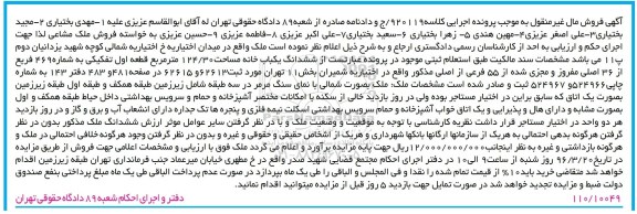 مزایده,مزایده ششدانگ یکباب خانه مساحت 124.30متر