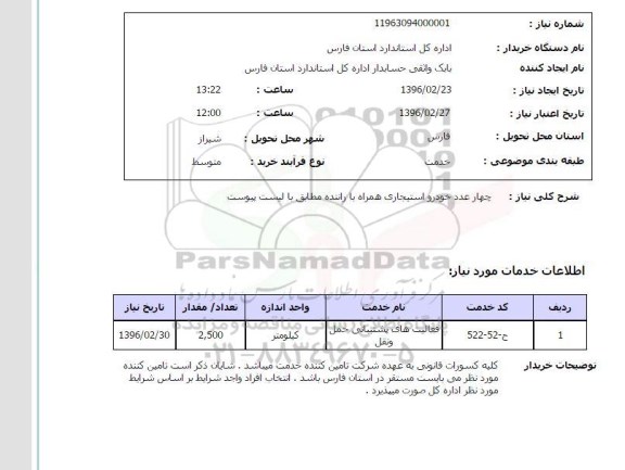 استعلام, استعلام چهار عدد خودرو استیجاری