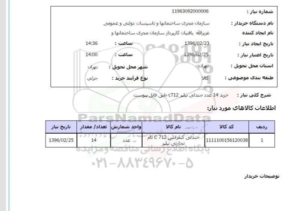 استعلام, استعلام خرید 14 عدد صندلی نیلپر