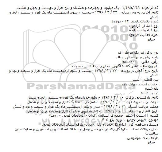 مزایده فروش خودرو سواری پژو ۴۰۵