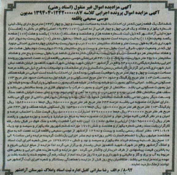 مزایده,مزایده ششدانگ زمین مساحت 244مترمربع