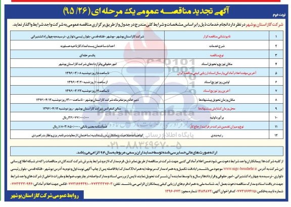 آگهی تجدید مناقصه عمومی یک مرحله ای,مناقصه احداث ساختمان پست امداد گاز ناحیه عسلویه - نوبت دوم
