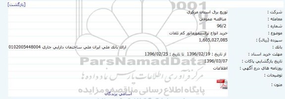 مناقصه ,مناقصه خرید انواع ترانسفورماتور کم تلفات