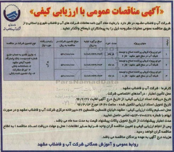 آگهی مناقصات عمومی با ارزیابی کیفی , مناقصه اجرای پروژه کروکی پراکنده اصلاح و توسعه شبکه آب ...