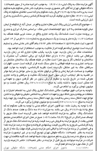 مزایده,مزایده مغازه تجاری مساحت 11.21مترمربع