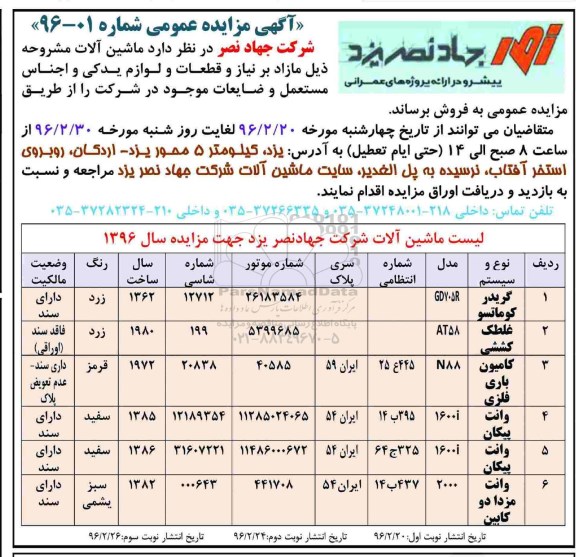 آگهی مزایده عمومی, مزایده فروش ماشین آلات مازاد بر نیاز و قطعات و لوازم یدکی و اجناس مستعمل و ضایعات نوبت دوم