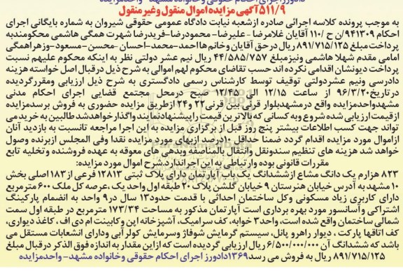 مزایده,مزایده 823 هزارم یک دانگ مشاع از اپارتمان