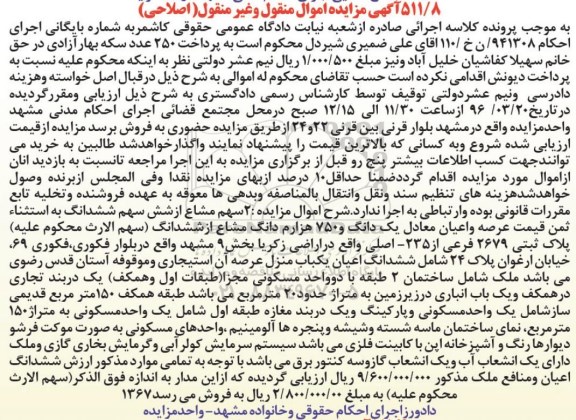 مزایده,مزایده 2 سهم مشاع از شش سهم عرصه و اعیان بخش نه