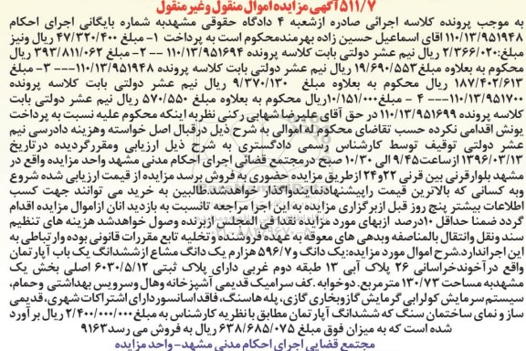 مزایده,مزایده یک دانگ و 596.7 هزارم یک دانگ مشاع از اپارتمان