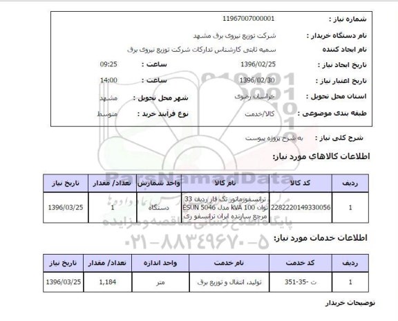استعلام استعلام ترانسفورماتور