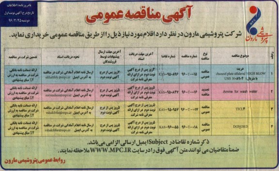 مناقصه , مناقصه خرید CHANNEL PLATE ALFALAVAL HIGH &LOW نوبت اول