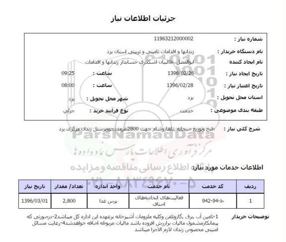 استعلام , استعلام طبخ و توزیع صبحانه، ناهار و شام جهت 2800نفر مددجو
