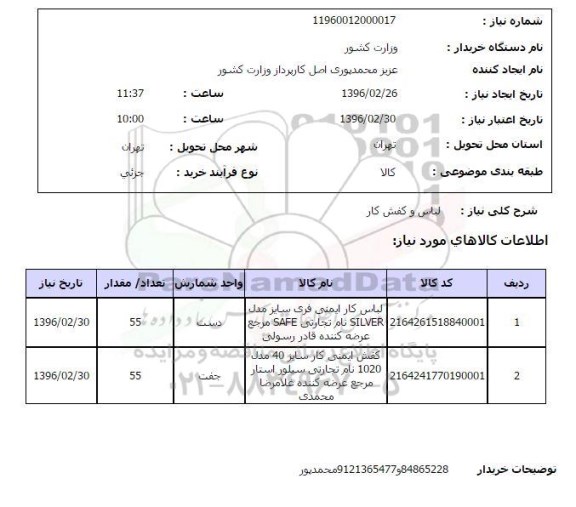 استعلام لباس و کفش کار 