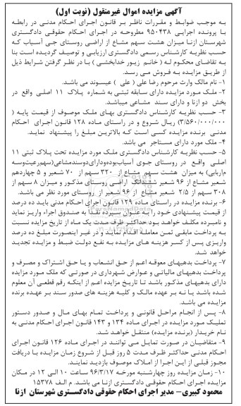 مزایده,مزایده هشت سهم مشاع از اراضی نوبت اول
