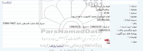 مناقصه عمومی, مناقصه  انواع تابلو فشار ضعیف کامپوزیت با فونداسیون     