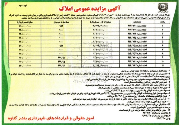 مزایده,مزایده فروش تعداد یازده قطعه زمین از املاک شهرداری نوبت دوم 