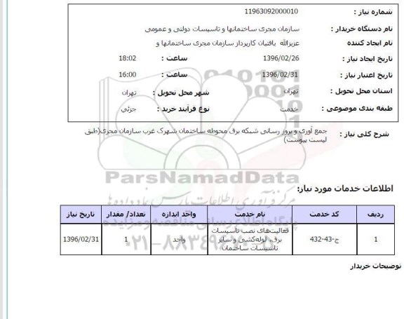 استعلام جمع آوری و بروز رسانی شبکه برق محوطه ساختمان