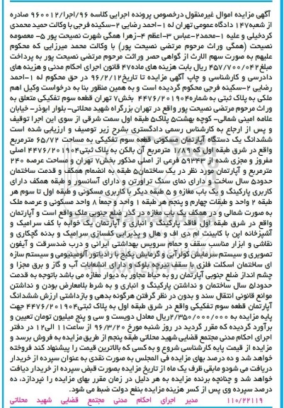 مزایده,مزایده ملک ششدانگ اپارتمان مساحت 65.72متر