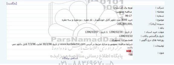 مناقصه خرید 3000 عدد جلوبر کابل خودنگهدار