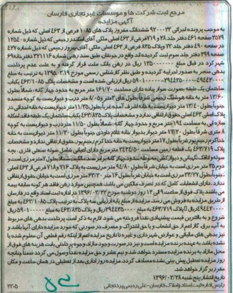 مزایده,مزایده ششدانگ مفروز پلاکهای 1085 فرعی از 463 اصلی