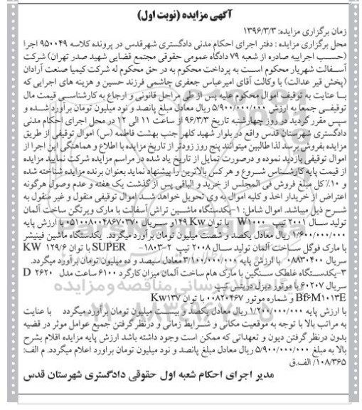 آگهی مزایده, مزایده یک دستگاه ماشین تراش آسفالت ...