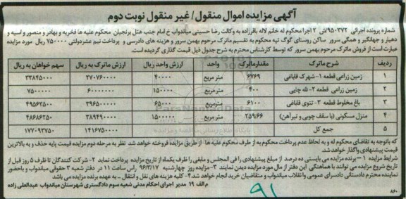 مزایده,مزایده ماترک شامل زمین .باغ.منزل مسکونی نوبت دوم 