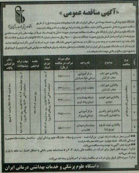 آگهی مناقصه , مناقصه واگذاری امور ایاب ذهاب کارکنان