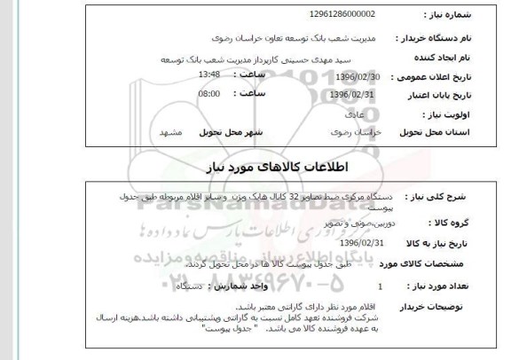 استعلام، استعلام دستگاه مرکزی ضبط تصاویر 32 کانال هایک ویژن و سایر اقلام 