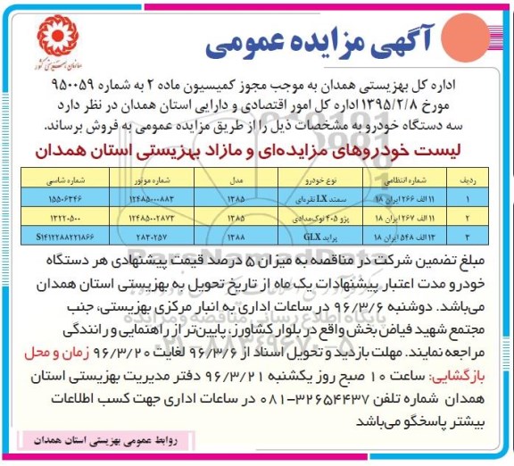 مزایده فروش خودروهای مزایده ای و مازاد بهزیستی