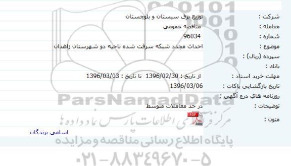 مناقصه احداث مجدد شبکه سرقت شده ناحیه دو  