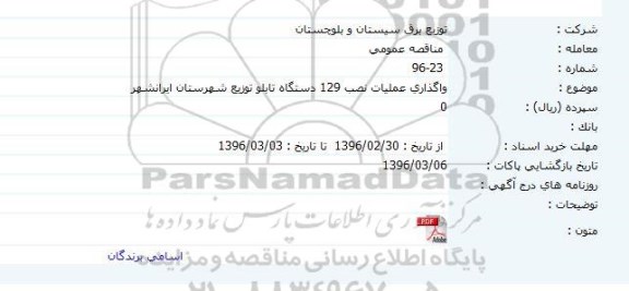 آگهی مناقصه , مناقصه واگذاری اجرای عملیات نصب 129 دستگاه تابلو توزیع شهرستان ایرانشهر