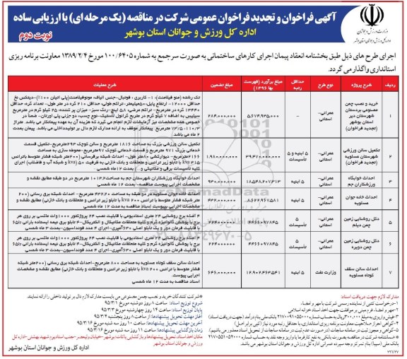 فراخوان , فراخوان و تجدید فراخوان خرید و نصب چمن مصنوعی بردستان استان بوشهر ....  - نوبت دوم 