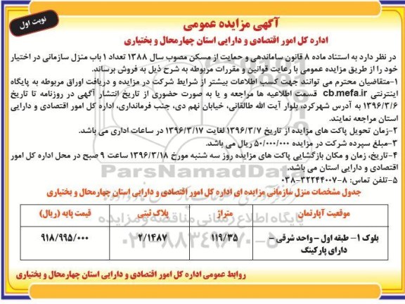 مزایده,مزایده یکباب منزل سازمانی متراژ 119.35مترمربع