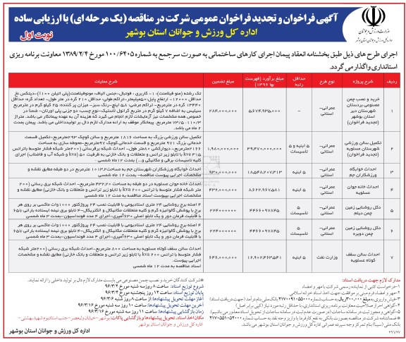 فراخوان , فراخوان و تجدید فراخوان خرید و نصب چمن مصنوعی بردستان استان بوشهر ....  
