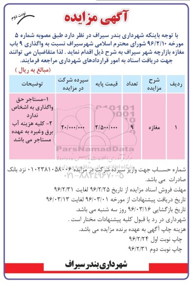 مزایده , مزایده واگذاری 9 باب مغازه بازارچه شهر  - نوبت دوم